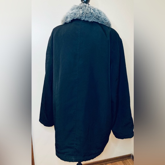 Mid Length Black Lined Coat Women XL Removable Faux Fur Collar Multiple Pockets - Picture 5 of 14